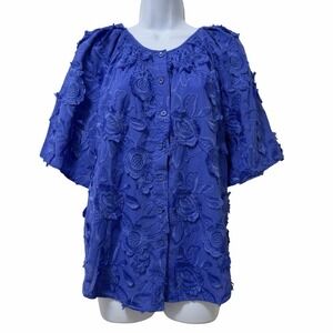 Chicos Embroidered Floral Applique Blouson‎ Sleeve Button Up Blouse Size 12 Blue